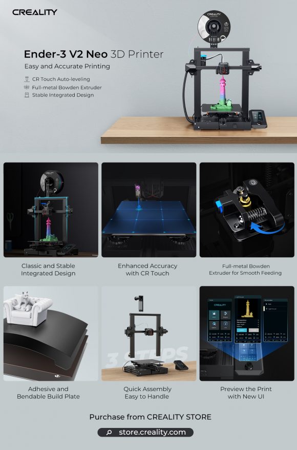 Ender 3 V2 Neo with metal bowden extruder, auto-leveling, quick assembly and improved build plate