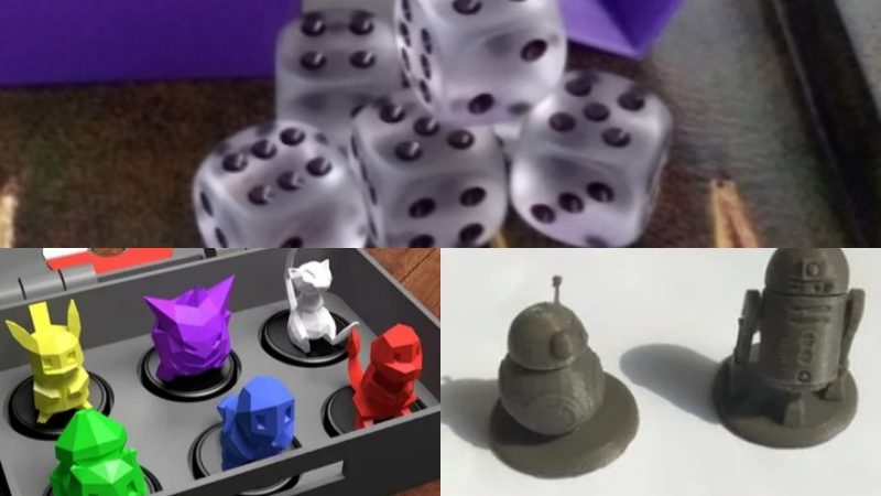 3D printed board game pieces, Star Wars and Pokémon Monopoly pieces, 3D printed dice