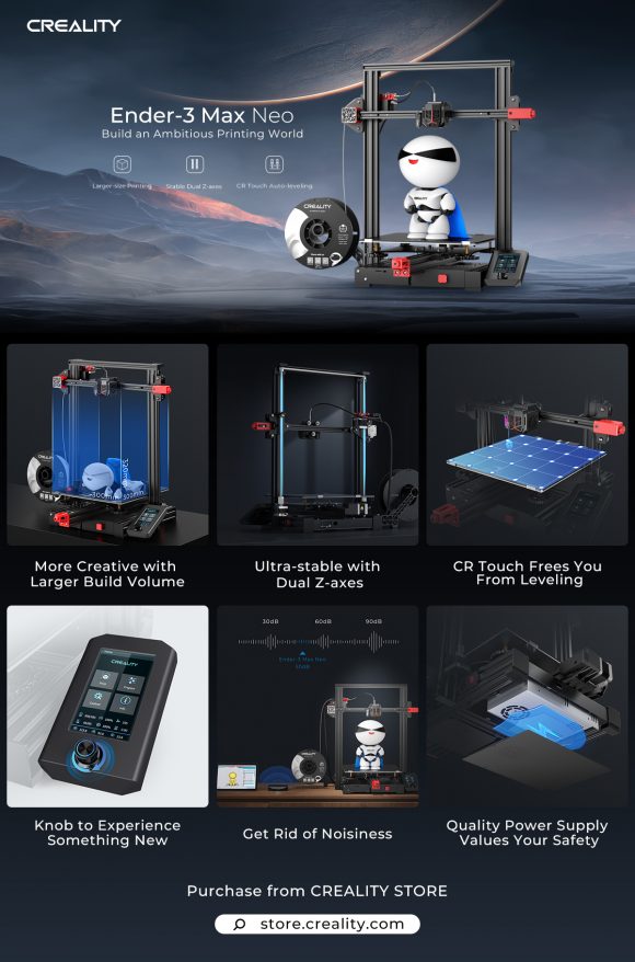 The Ender 3 Max Neo, with a larger build volume, auto-leveling, and better stable z-axes