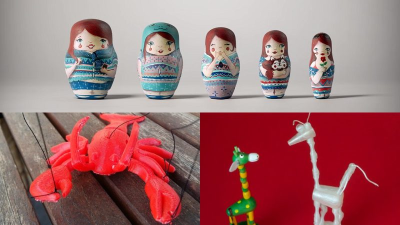 3D printed dolls, Russian nesting dolls, lobster marionette, collapsing puppets.