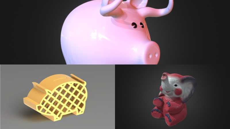 3d printed elephant piggy bank, mesh piggy bank, piggy bank with horns.