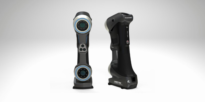 The Creaform HandySCAN Silver 307 scanner shown from the front and back