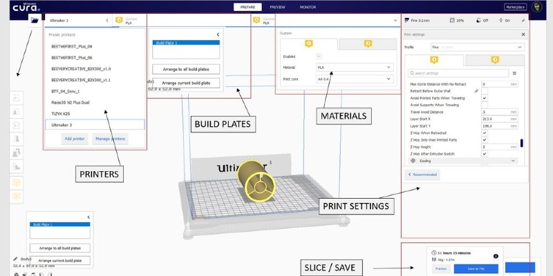 A screenshot and labeled image of the Cura slicer software