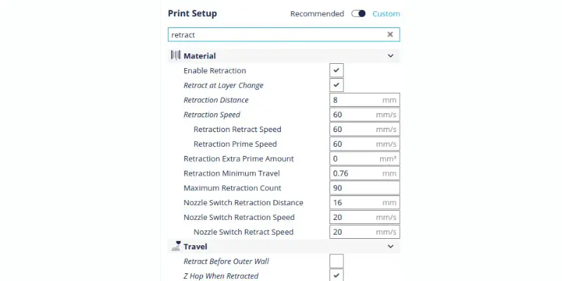 Retraction settings for the Ender 3