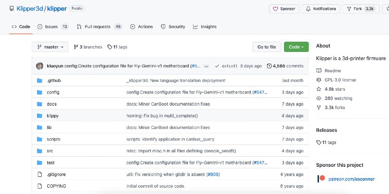 A screenshot of the range of Klipper firmware programs from GitHub
