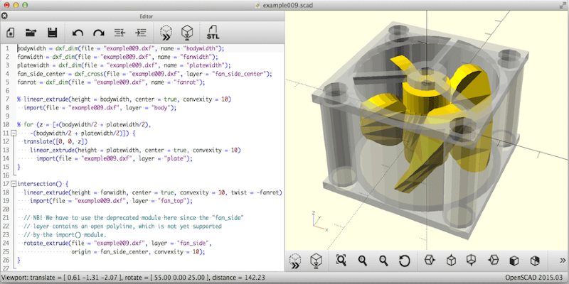 OpenSCAD software, showing scripting files