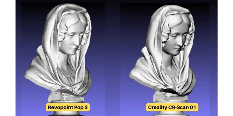 Side by side comparison of a sculpture scanned using Pop 2 and CR-Scan 01