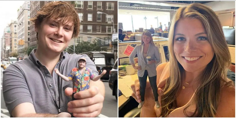 A man and a woman holding up mini figurines of themselves