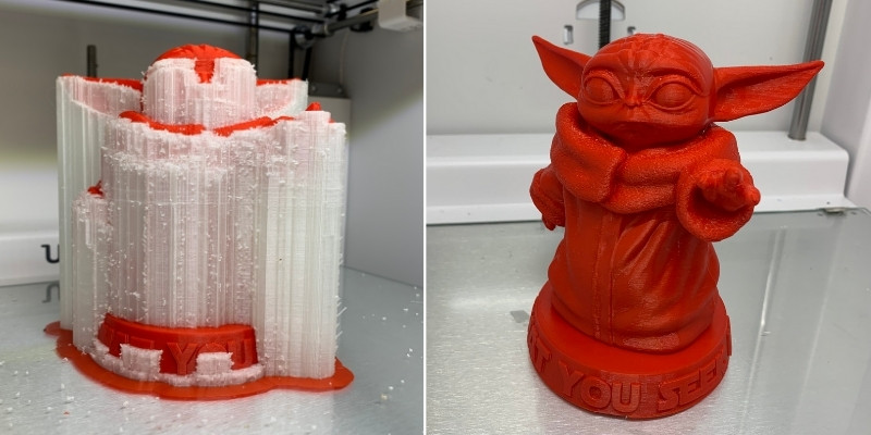 Baby Yoda with and without supports printed on the Ultimaker S5